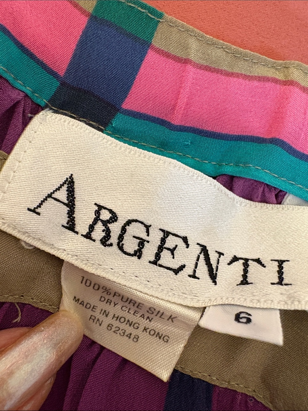 Vintage Argenti - 100% Silk Turquoise Purple Pink SandPlaid Midi Skirt w/Pockets - Picture 6 of 8